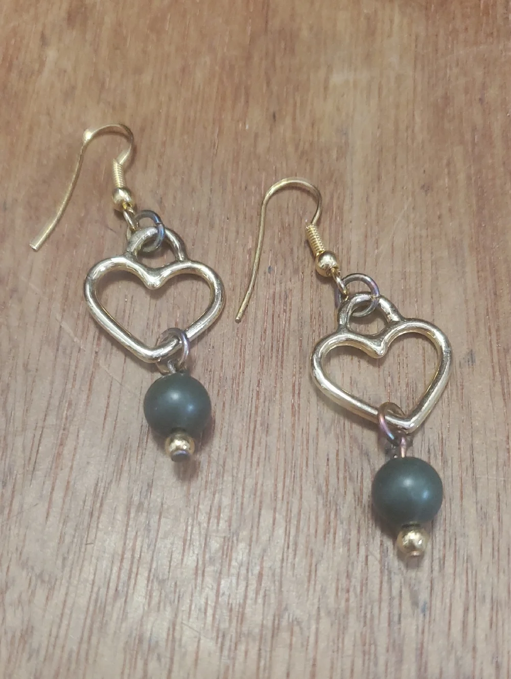 Gold Heart Drop Earrings with Dark Green Beads D